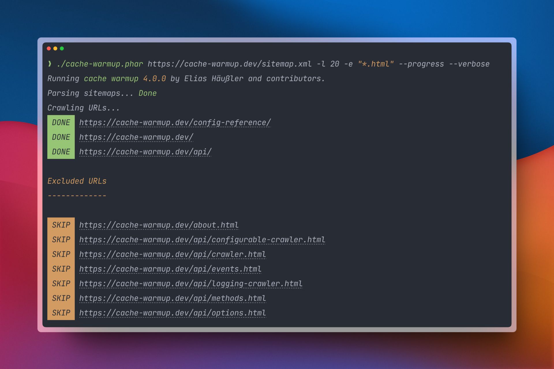 Screenshot from a terminal window running the "cache-warmup" command on the XML sitemap of cache-warmup.dev.